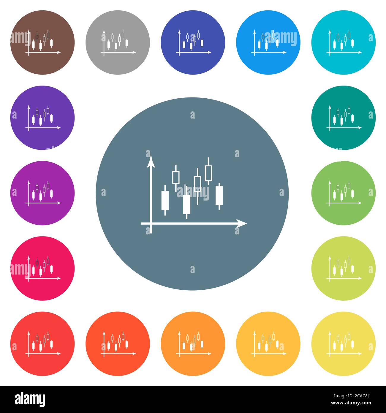 Candlestick graph with axes flat white icons on round color backgrounds ...