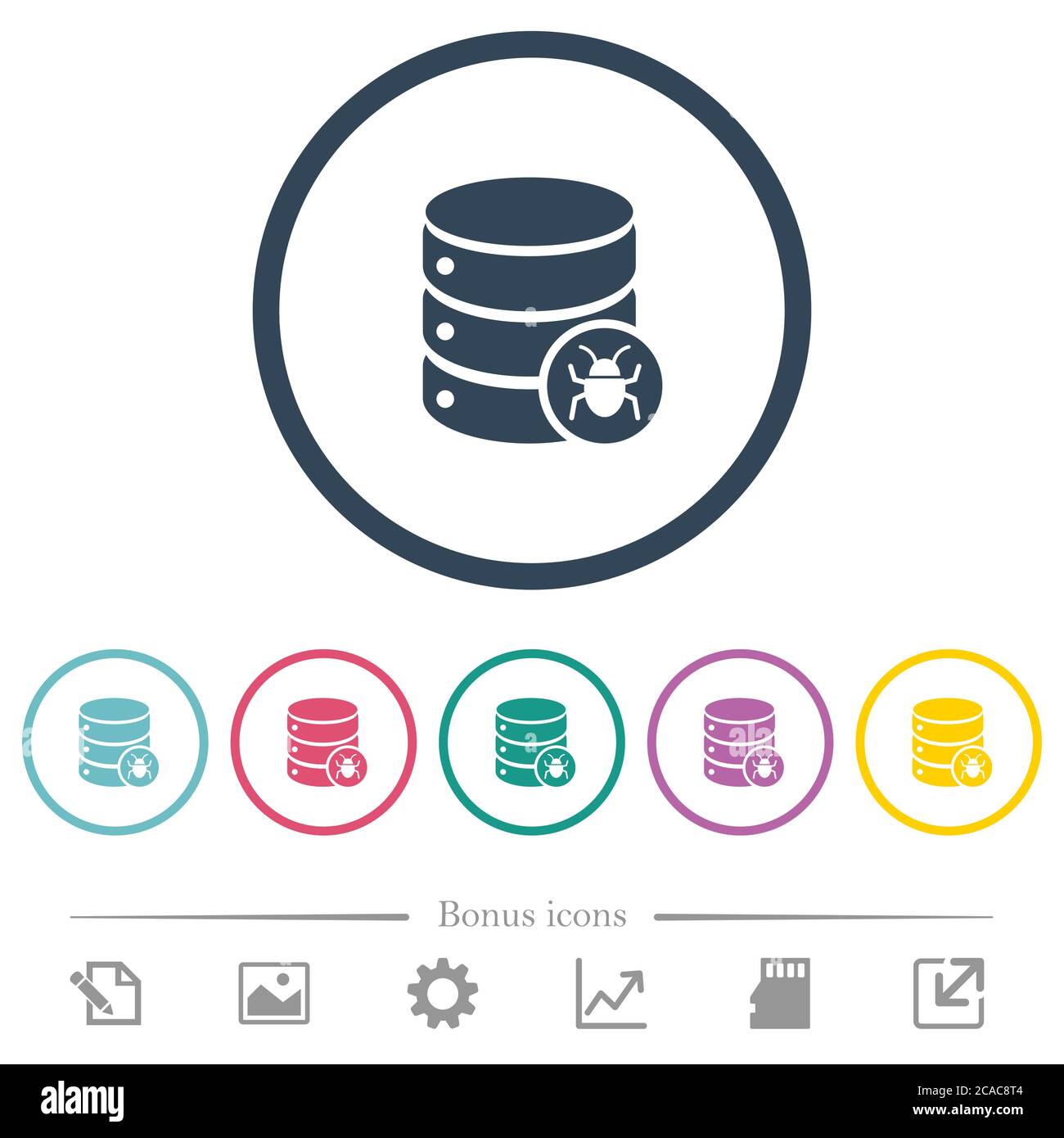 Database bug flat color icons in round outlines. 6 bonus icons included. Stock Vector