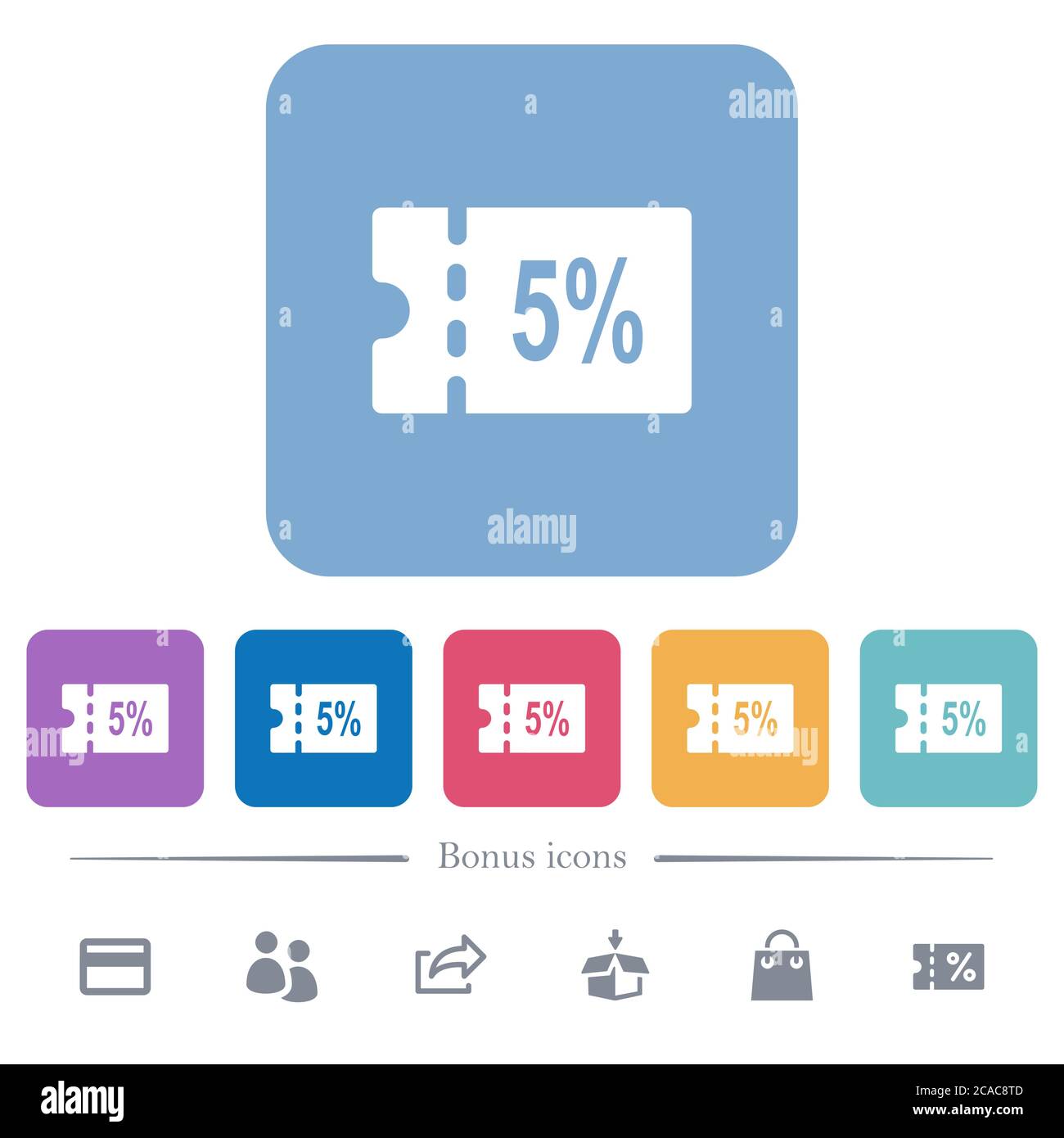 5 percent discount coupon flat white icons in square backgrounds. 6