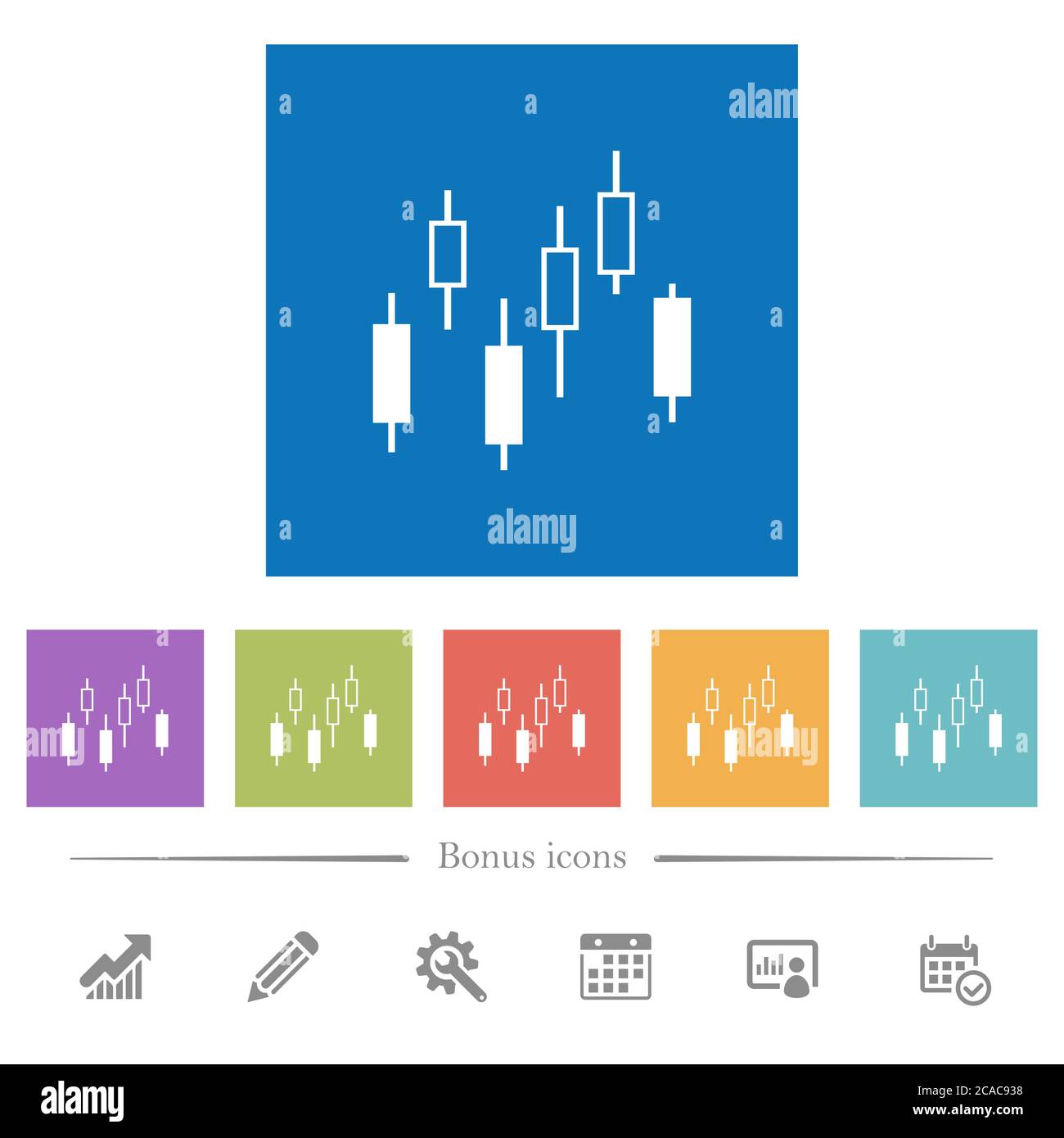 Candlestick chart flat white icons in square backgrounds. 6 bonus icons ...