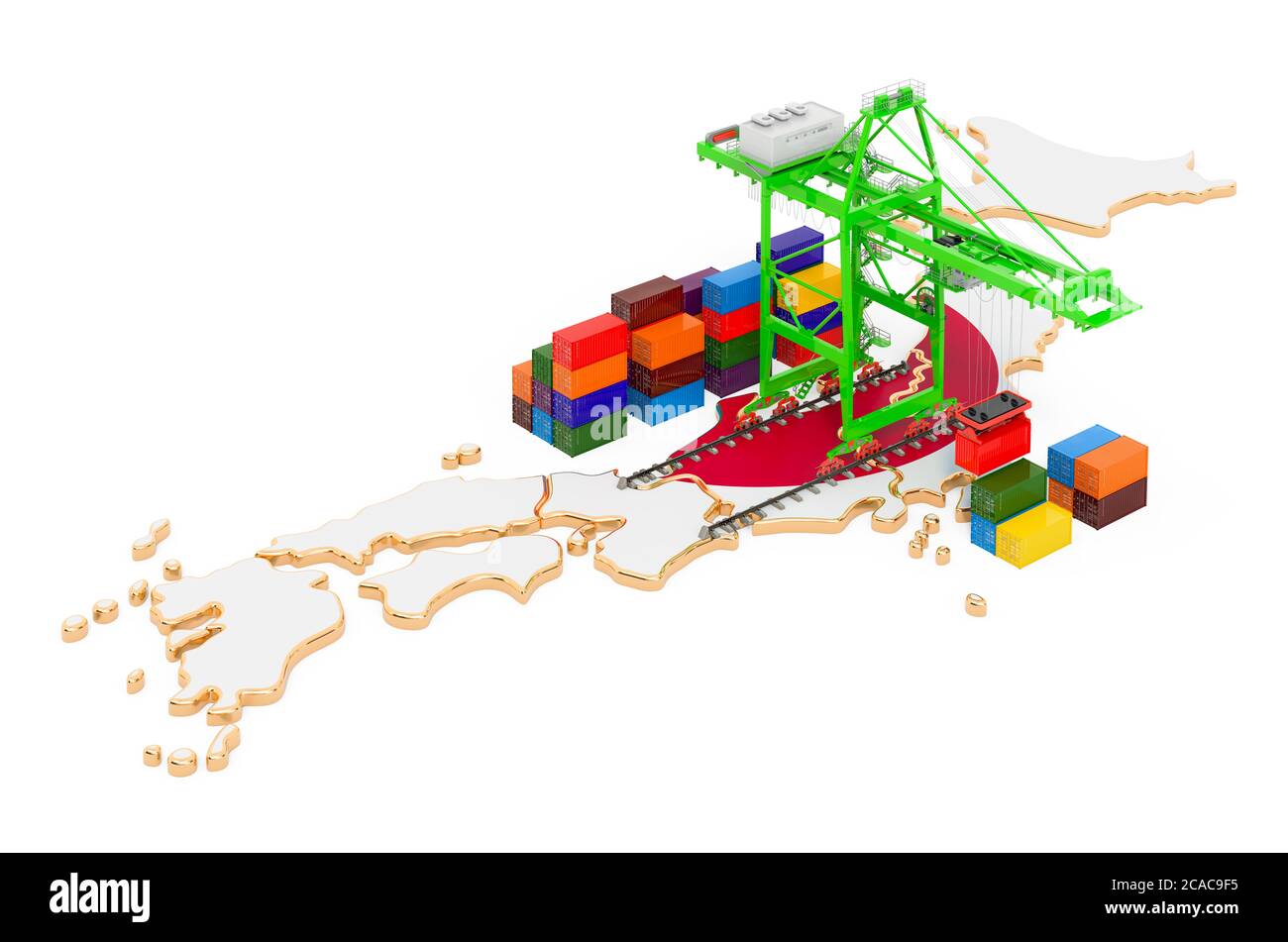 Freight Shipping in Japan concept. Harbor cranes with cargo containers on the Japanese map. 3D rendering isolated on white background Stock Photo
