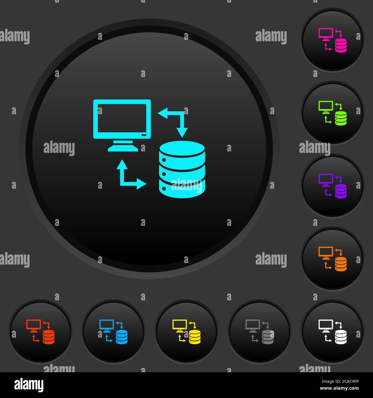 Syncronize data with database dark push buttons with vivid color icons on dark grey background Stock Vector