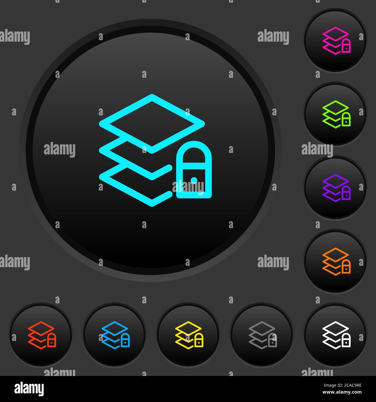 Locked layers dark push buttons with vivid color icons on dark grey background Stock Vector