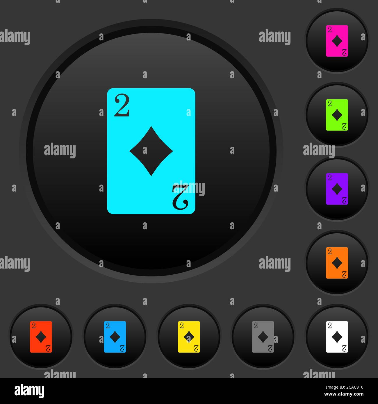 Two of diamonds card dark push buttons with vivid color icons on dark ...