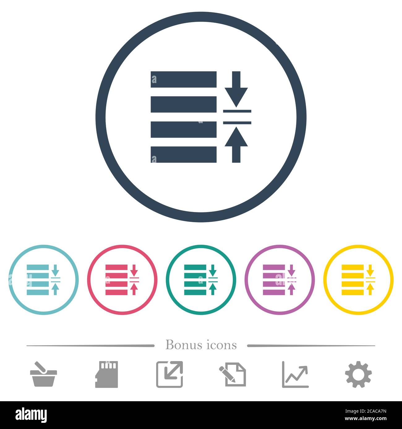 Adjust line spacing flat color icons in round outlines. 6 bonus icons included. Stock Vector