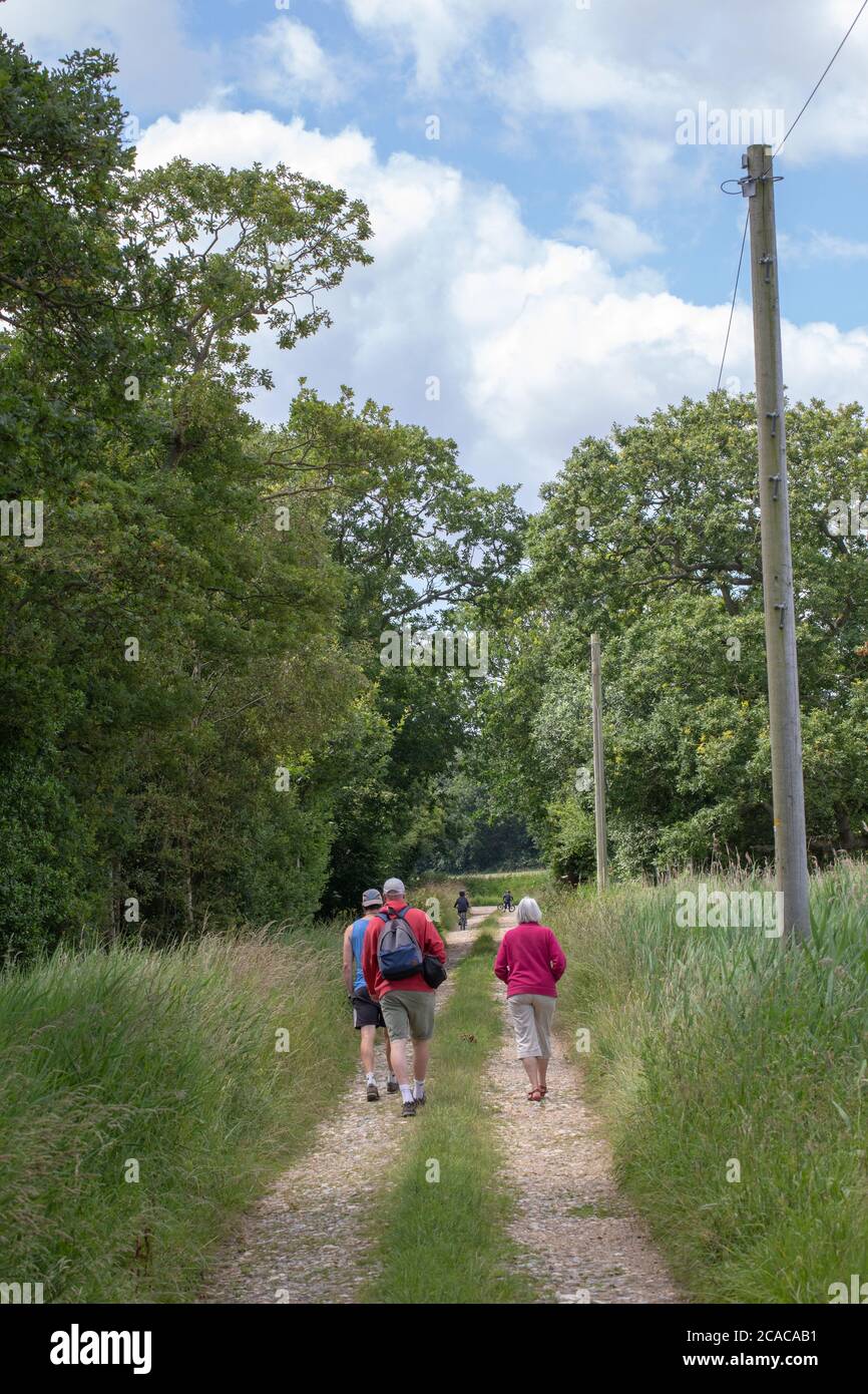 Exercising for a healthier living. Adults and children of different generations, along a rural lane. Linear perspective. Stock Photo