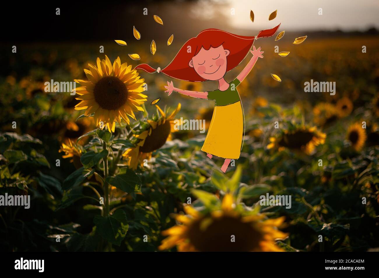 Cute redhead girl happy playing in sunflower field during sunset. Stock Photo