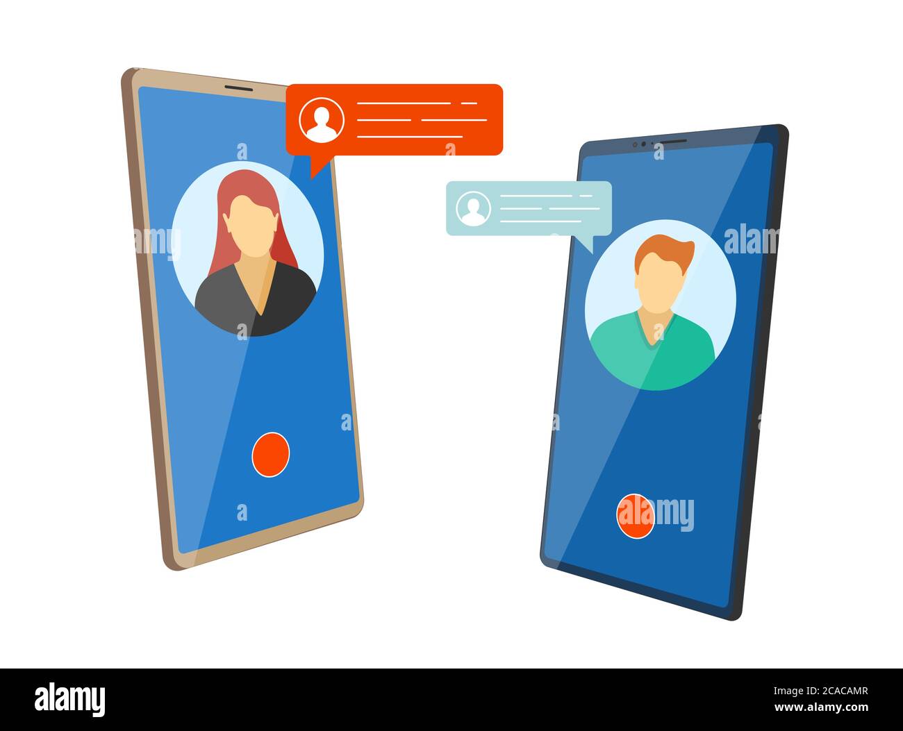 Web video mobile conference. Man and woman use video call on isometric smartphone screens with chat bubbles. Online meeting or dating concept. Communication app vector eps flat design Stock Vector