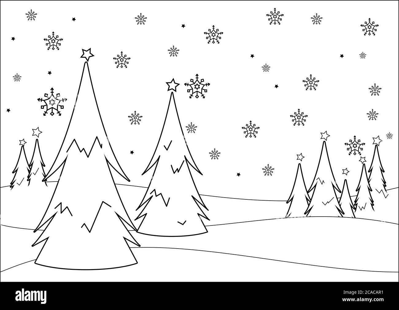 Winter landscape with trees in the snow. Vector black and white coloring page Stock Vector