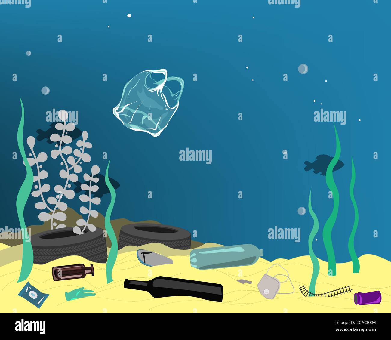 Plastic pollution illustration trash under the sea. Different kinds of garbage, bags, wastes, plastic botles, and plastic utensils in the ocean Stock Vector
