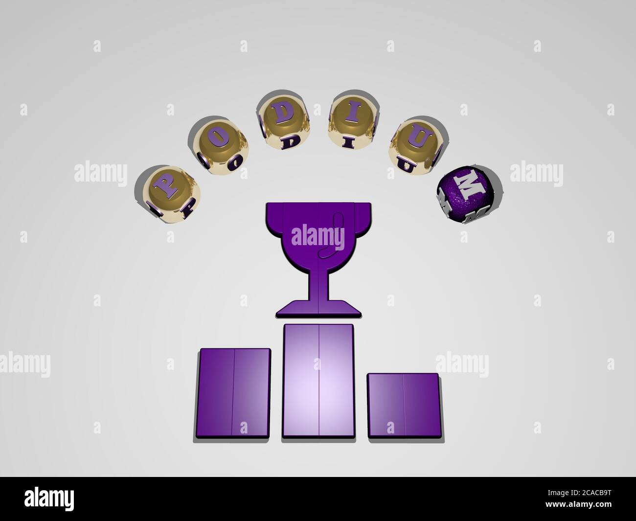 3D representation of podium with icon on the wall and text arranged by