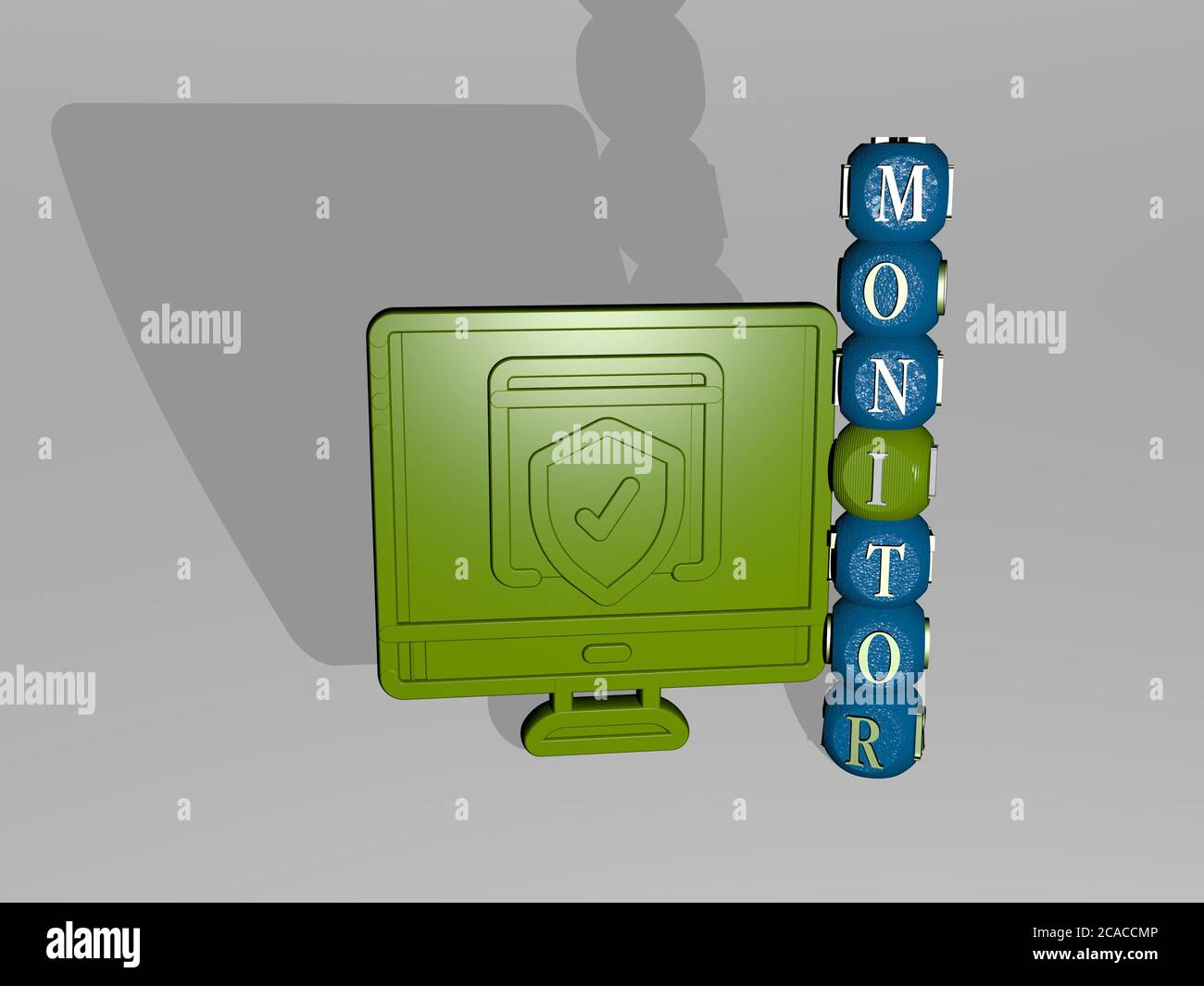 3D graphical image of monitor vertically along with text built around ...