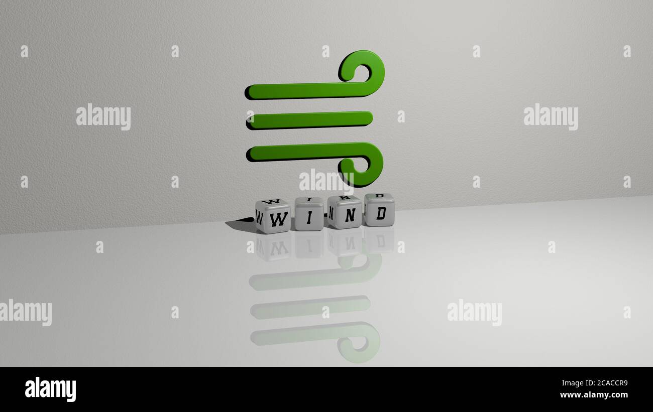3D representation of wind with icon on the wall and text arranged by metallic cubic letters on a mirror floor for concept meaning and slideshow presentation. illustration and background Stock Photo