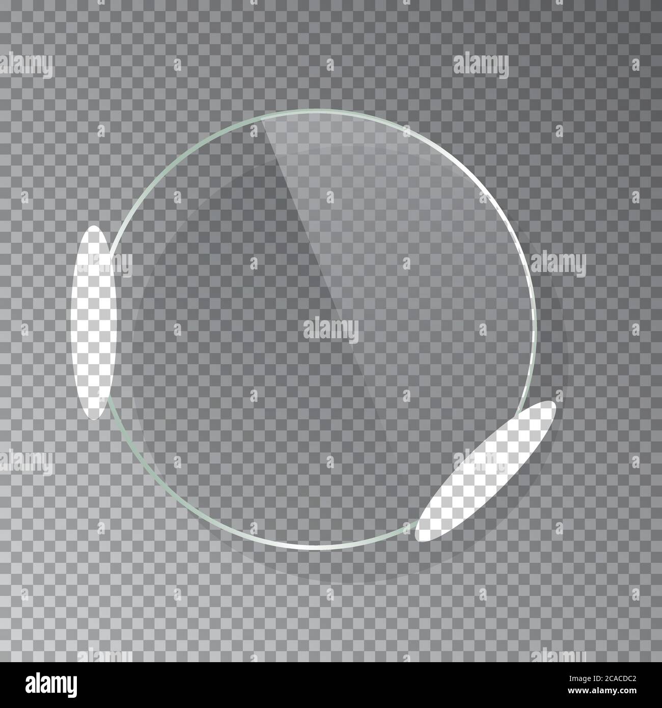 Realistic 3d circle glass frame isolated on grey transparent background. Creative border plate object. Round framework. Stock Vector