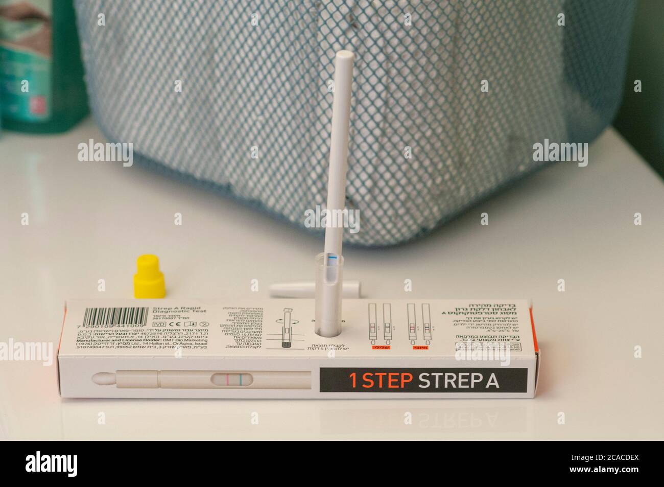 Home diagnosing of streptococcus A (Strep A) with a throat swab Stock Photo