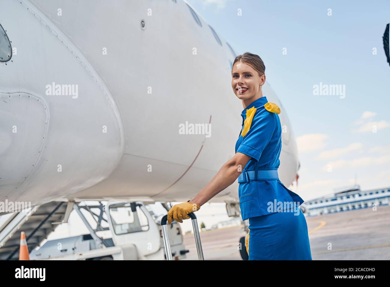 High-spirited elegant stewardess smiling at the camera Stock Photo