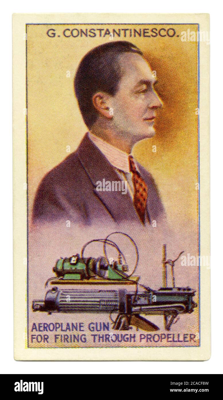 An old cigarette card (c. 1929) with a portrait of George 'Gogu' Constantinescu/or Constantinesco (1881–1965) and an illustration of his synchronised machine gun for firing through the propeller of aeroplanes. The Constantinesco synchronisation gear (or 'CC gear') was used operationally with the No. 55 squadron RFC (RAF) from March 1917, during World War I. Stock Photo