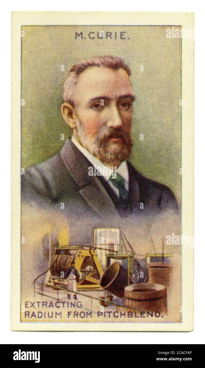 An old cigarette card (c. 1929) with a portrait of Pierre Curie (1859–1906) and an illustration of his discovery of uranium extracted via pitchblend. Curie was a French physicist, a pioneer in radioactivity. In 1903, he received the Nobel Prize in Physics with his wife, Marie and Henri Becquerel. Curie worked with his wife in isolating polonium and radium. They were the first to use the term 'radioactivity' and were pioneers in its study, including Marie Curie's celebrated medical work. Uraninite, formerly pitchblende or pitchblend, is a radioactive, uranium-rich mineral and ore. Stock Photo