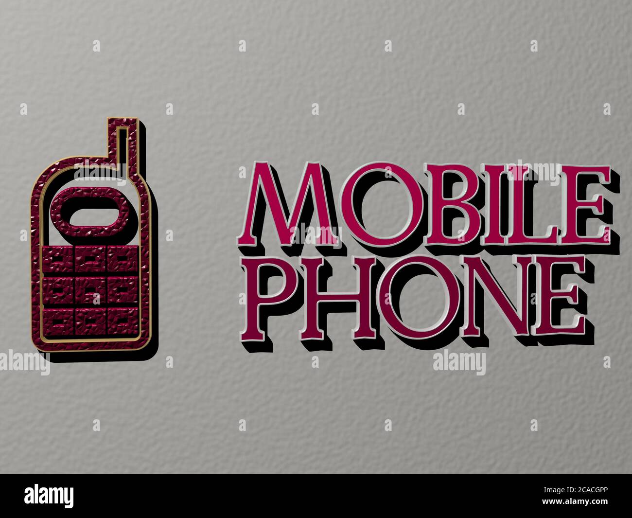 3D representation of MOBILE PHONE with icon on the wall and text ...