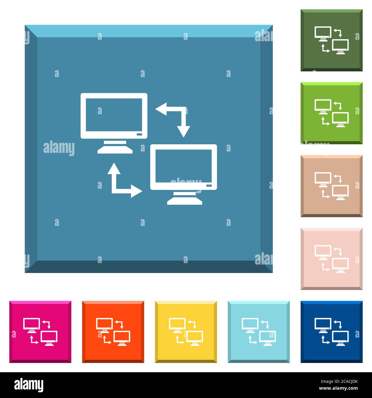 Data syncronization white icons on edged square buttons in various ...