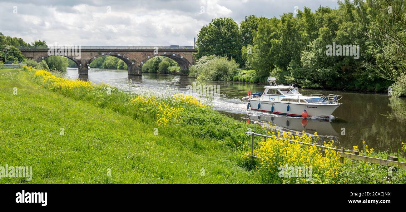 A pleasure boat motoring on the navigable part of the River Aire at Fairburn Ings, West Yorkshire Stock Photo