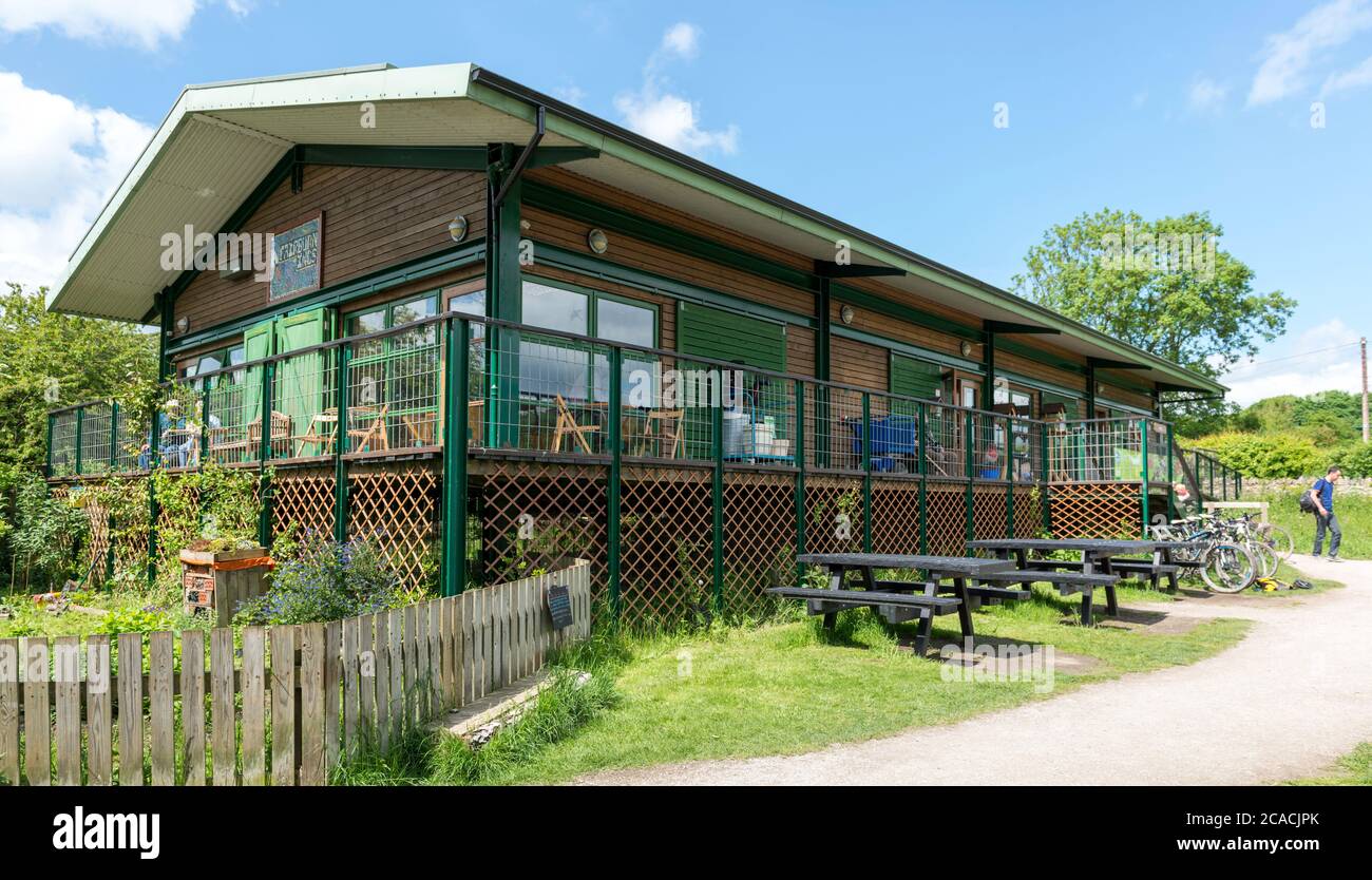 Sunny summer view of the visitor centre and cafe at Fairburn Ings RSPB nature reserve in West Yorkshire Stock Photo