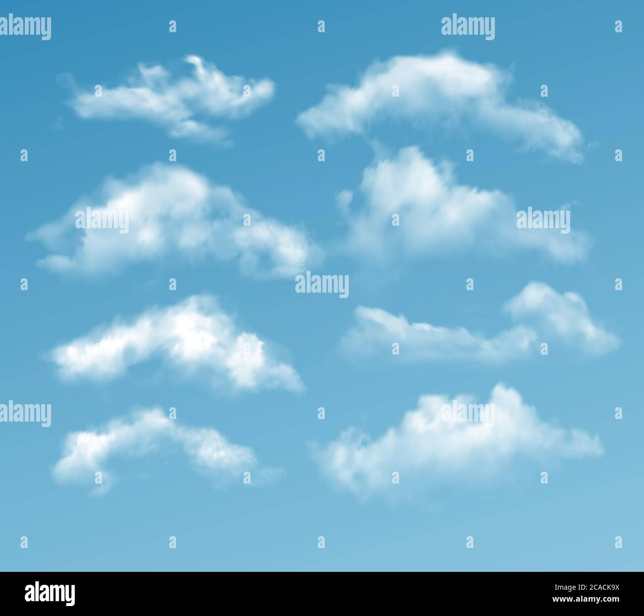 Set of transparent different clouds isolated on blue background. Real transparency effect. Vector illustration Stock Vector