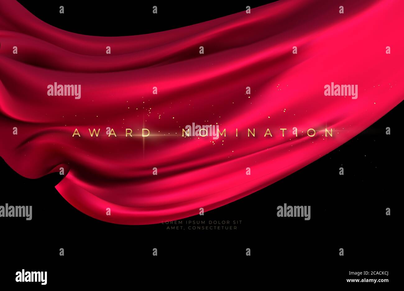 Award nomination ceremony with luxurious red flying silk wavy background with gold glitter and sparkle. Vector illustration Stock Vector