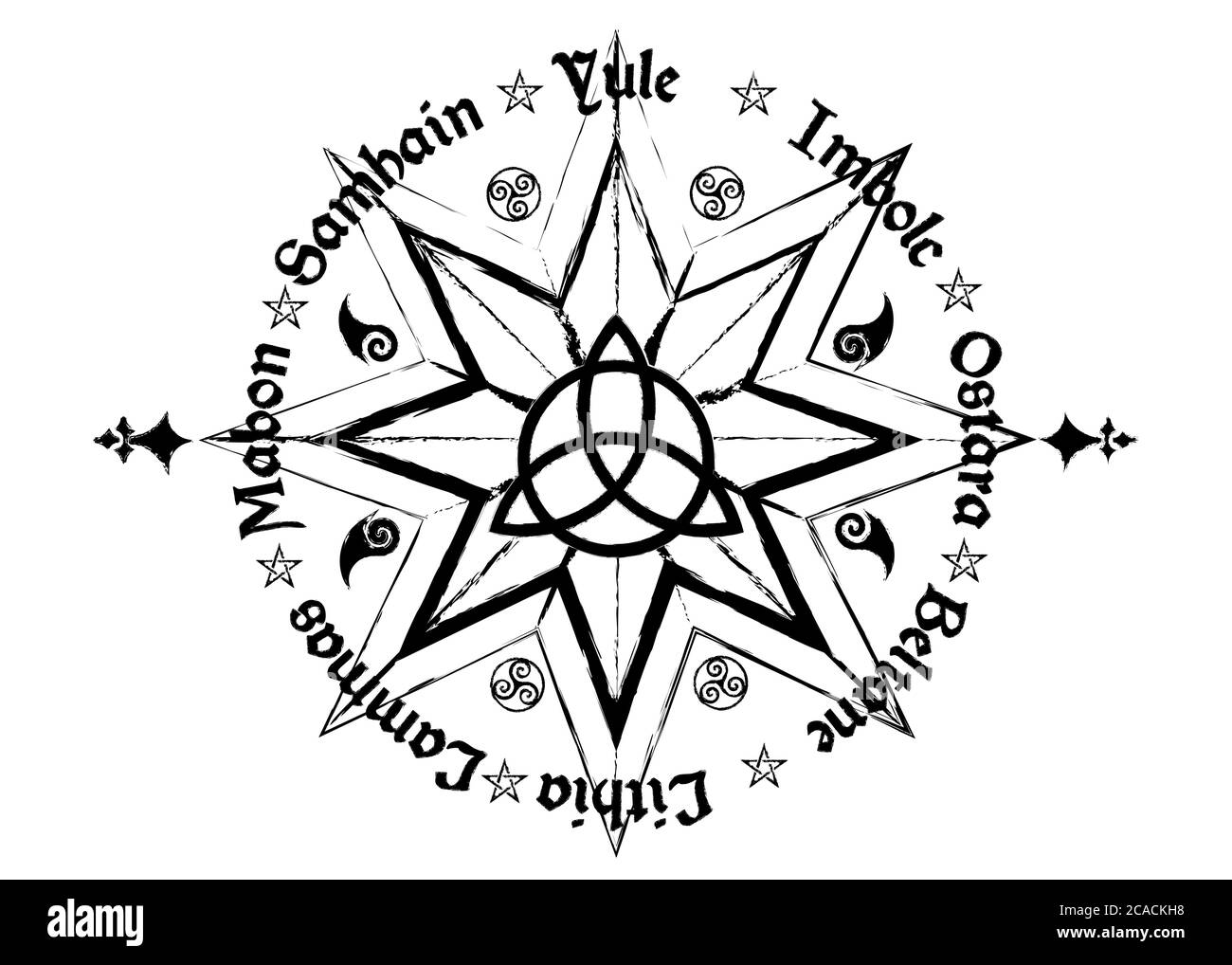 Book Of Shadows Wheel Of The Year Modern Paganism Wicca. Wiccan calendar and holidays. Compass with in the middle Triquetra symbol from charmed celtic Stock Vector