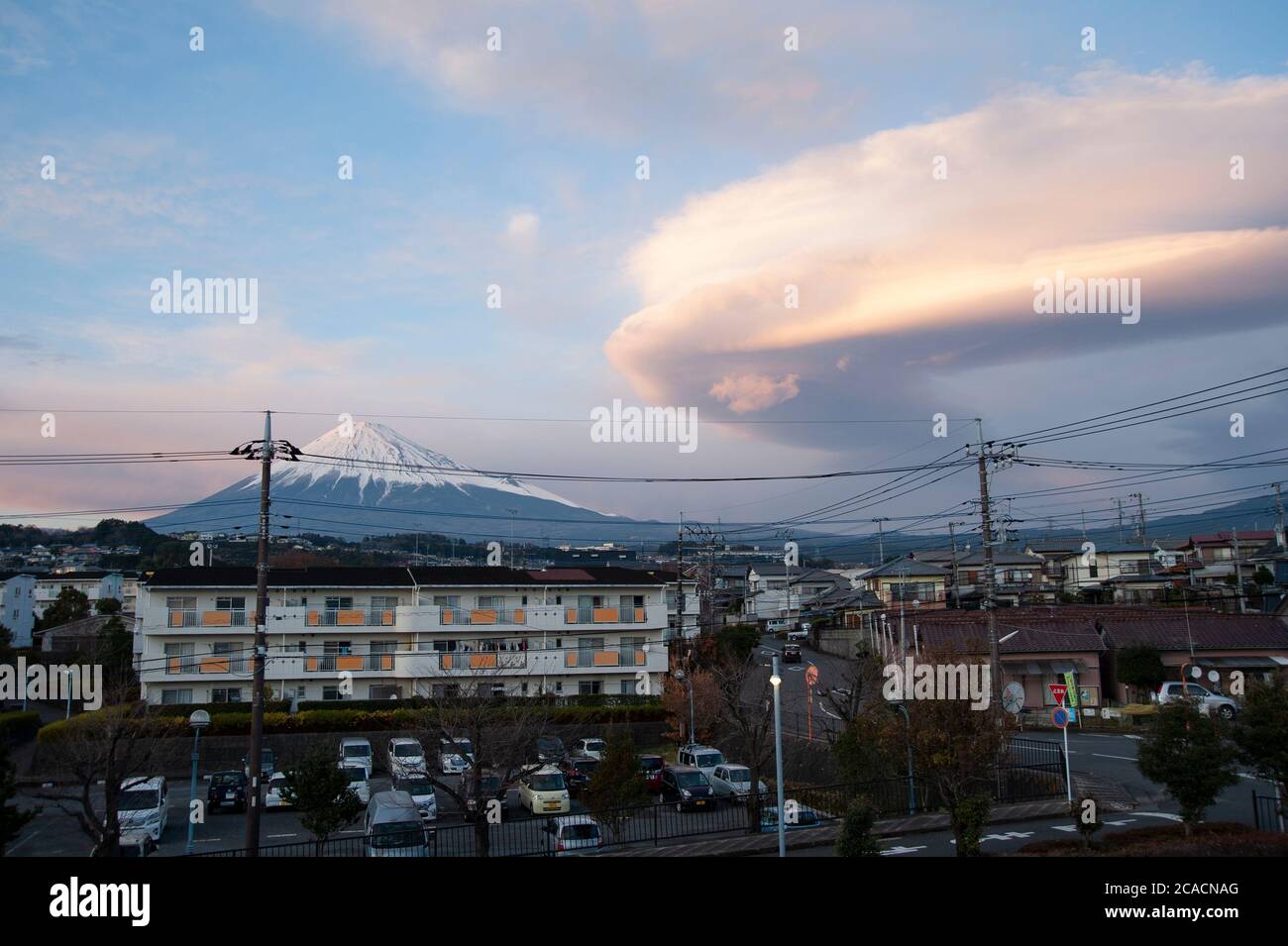 Mount Fuji in the afternoon with beautiful blue sky and clouds in Fuji city, Japan. Translation of Japanese text in English: Stop. Stock Photo