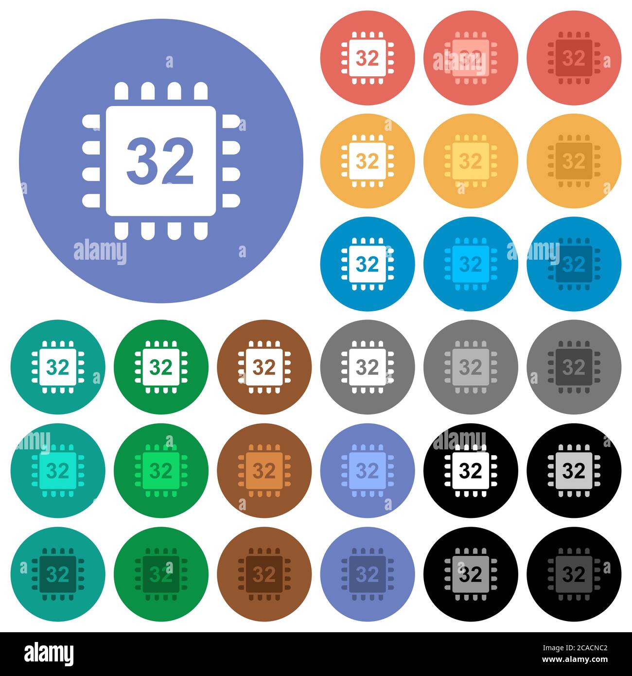 Microprocessor 32 bit architecture multi colored flat icons on round backgrounds. Included white, light and dark icon variations for hover and active Stock Vector