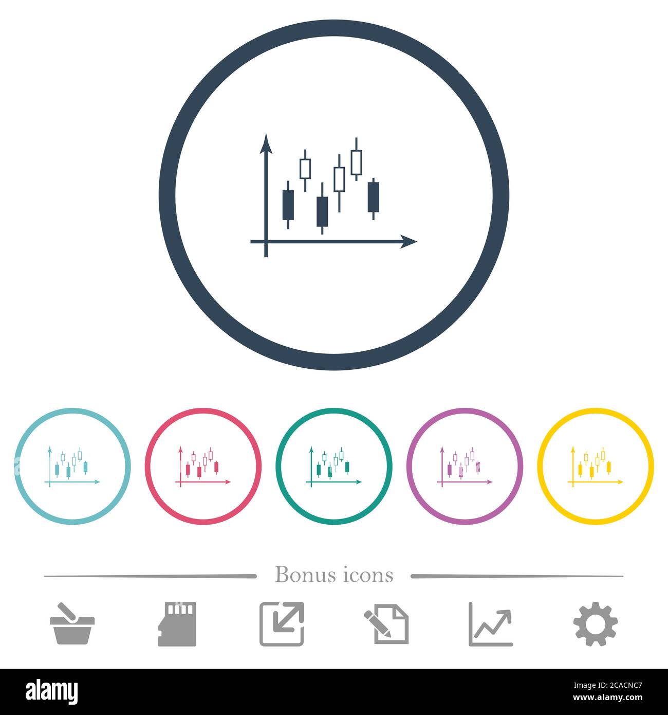 Candlestick graph with axes flat color icons in round outlines. 6 bonus ...
