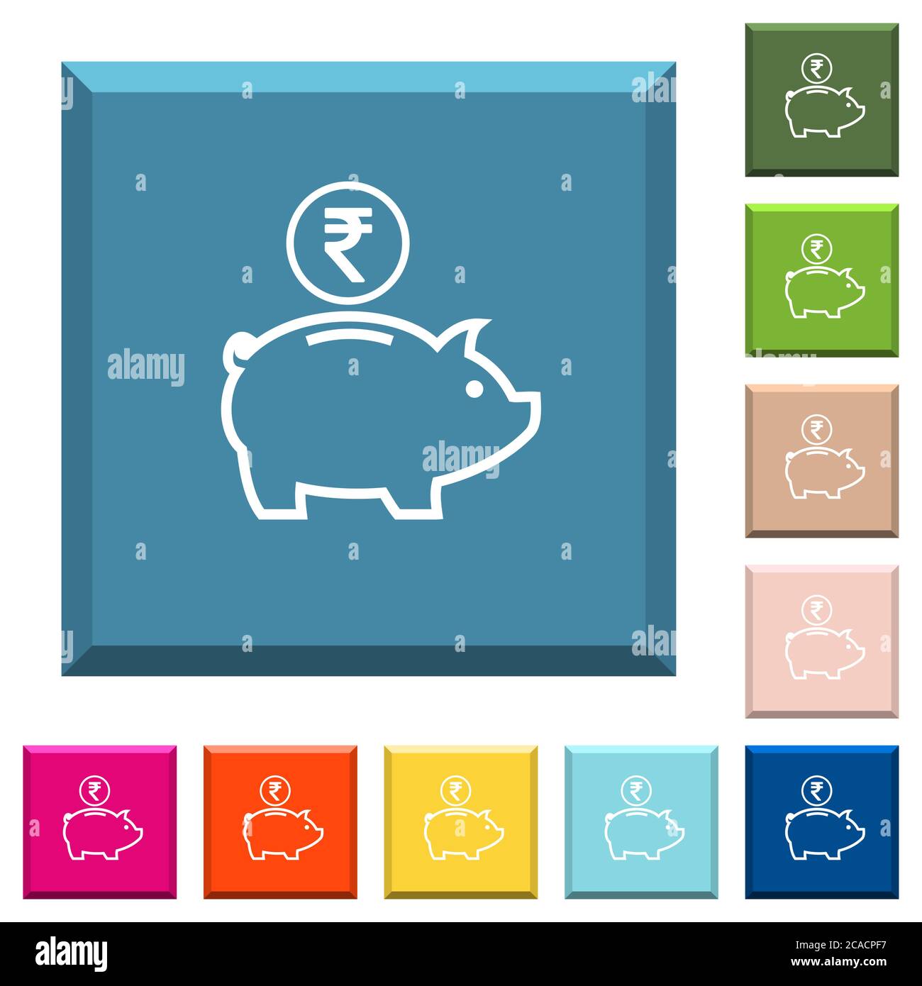 Indian Rupee piggy bank white icons on edged square buttons in various ...