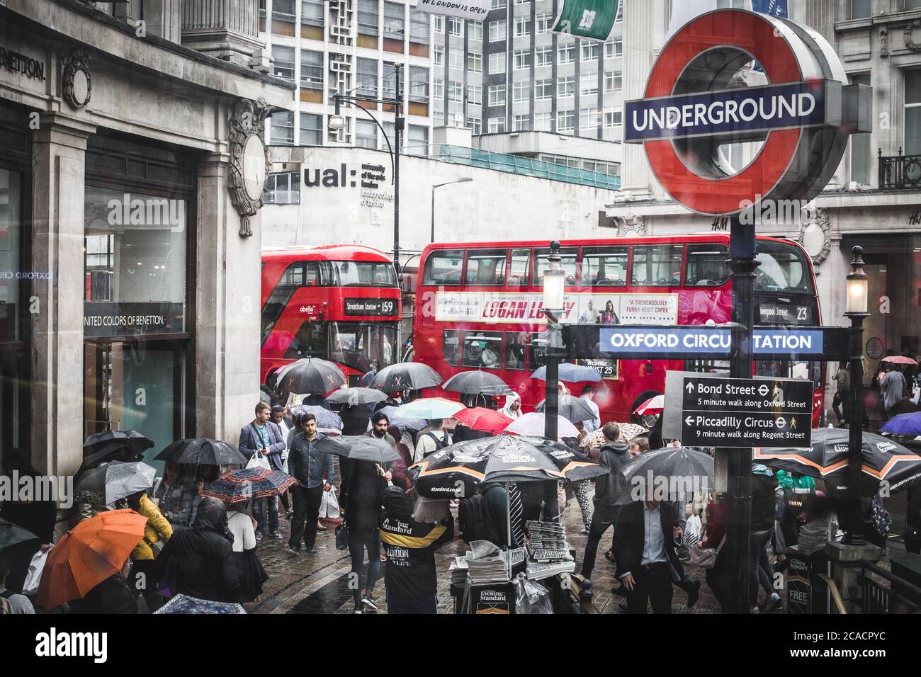 Oxford Street Underground station as seen from a bus on a rainy day. Stock Photo