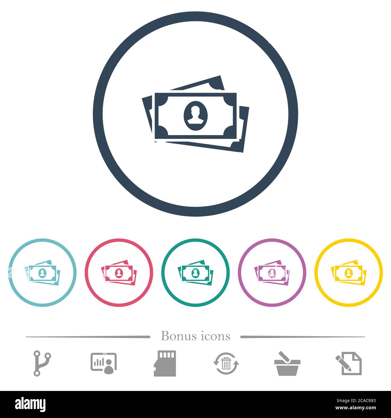 More banknotes with portrait flat color icons in round outlines. 6 ...