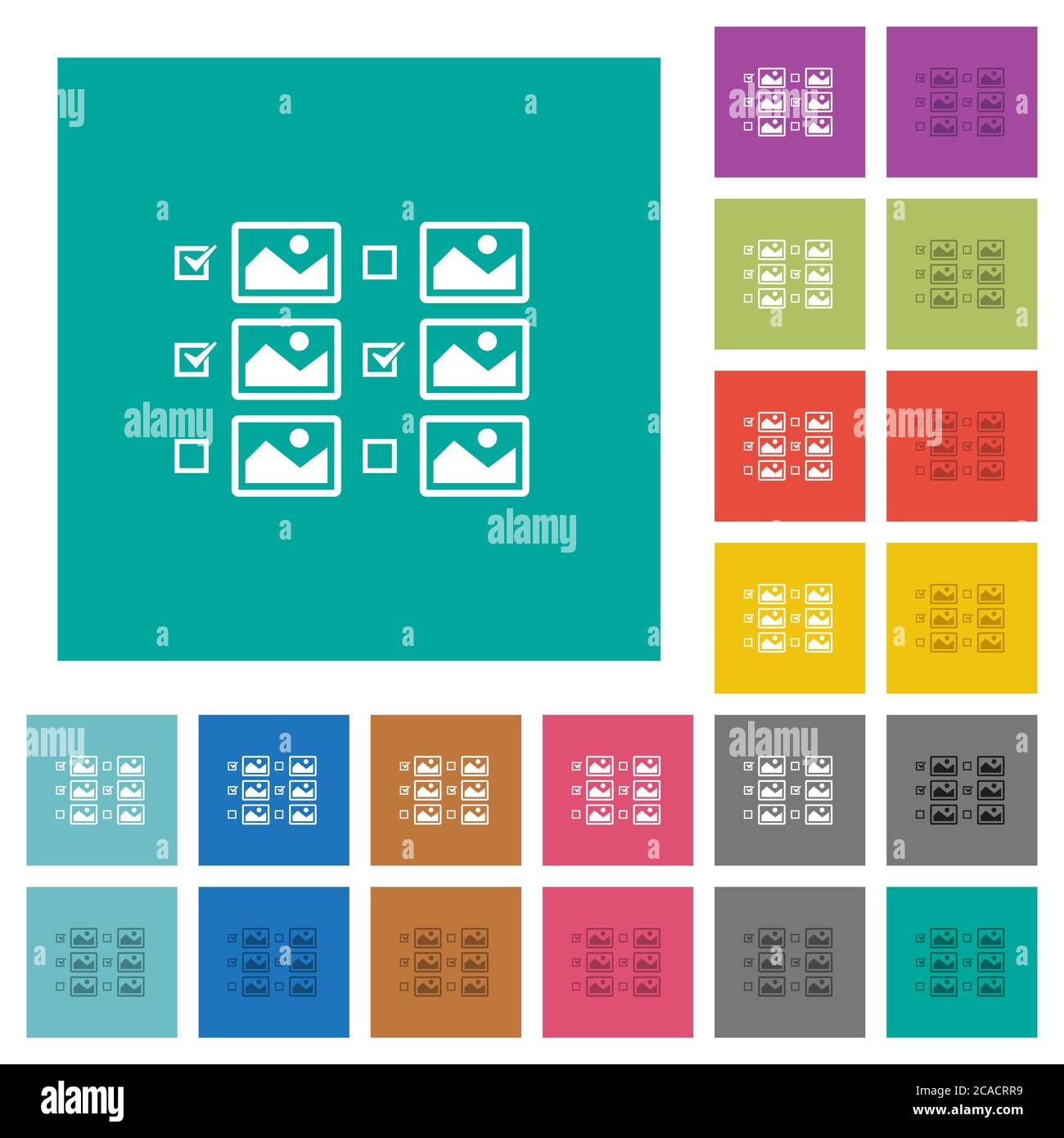 Multiple image selection with checkboxes multi colored flat icons on plain square backgrounds. Included white and darker icon variations for hover or Stock Vector