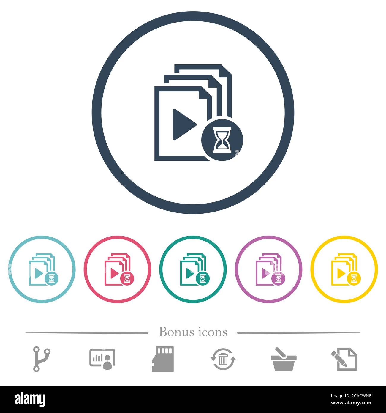 Preparing playlist flat color icons in round outlines. 6 bonus icons ...