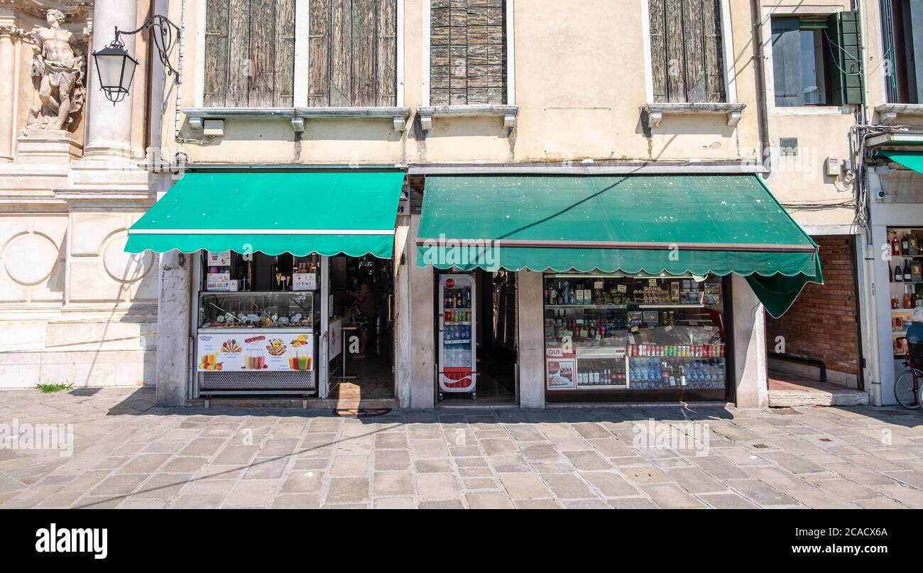 Restaurants and shops in Venice, May 2020, Italy Stock Photo