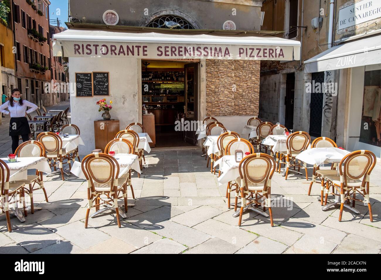 Restaurants and shops in Venice, May 2020, Italy Stock Photo