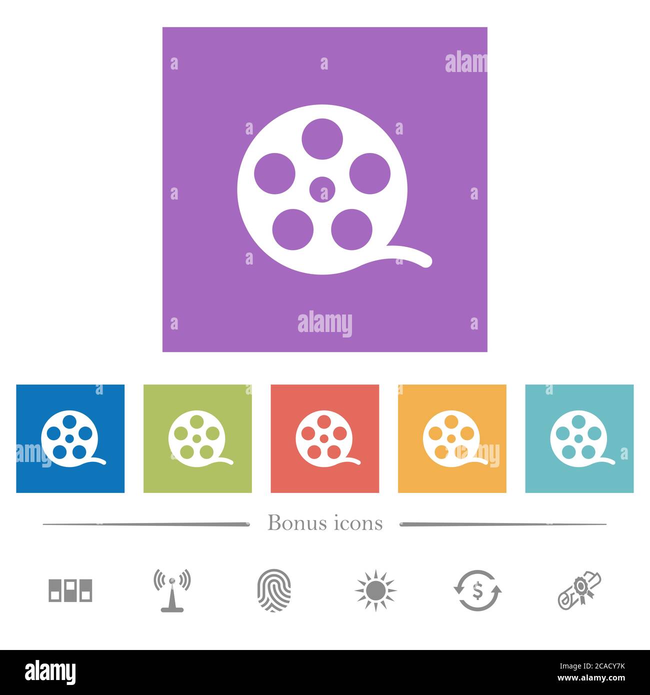 Movie roll flat white icons in square backgrounds. 6 bonus icons ...