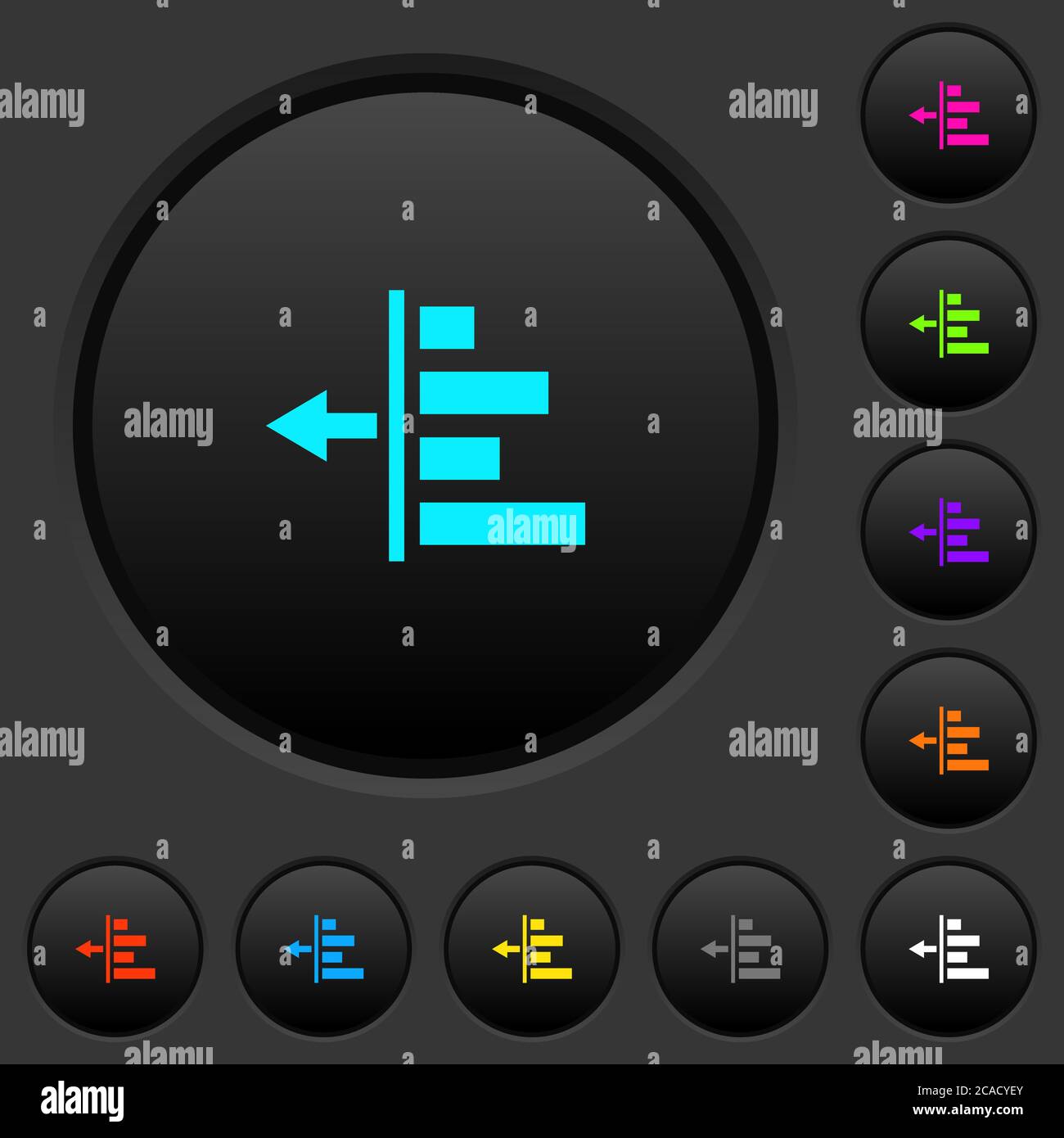 Decrease left indentation of content dark push buttons with vivid color icons on dark grey background Stock Vector