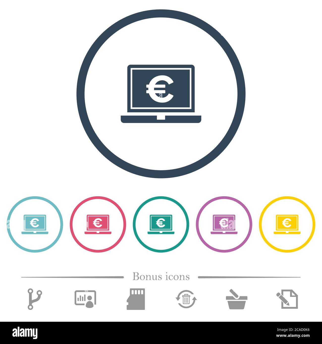 Laptop with Euro sign flat color icons in round outlines. 6 bonus icons ...