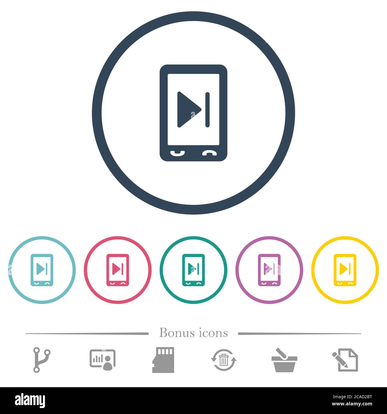 Mobile media next flat color icons in round outlines. 6 bonus icons ...