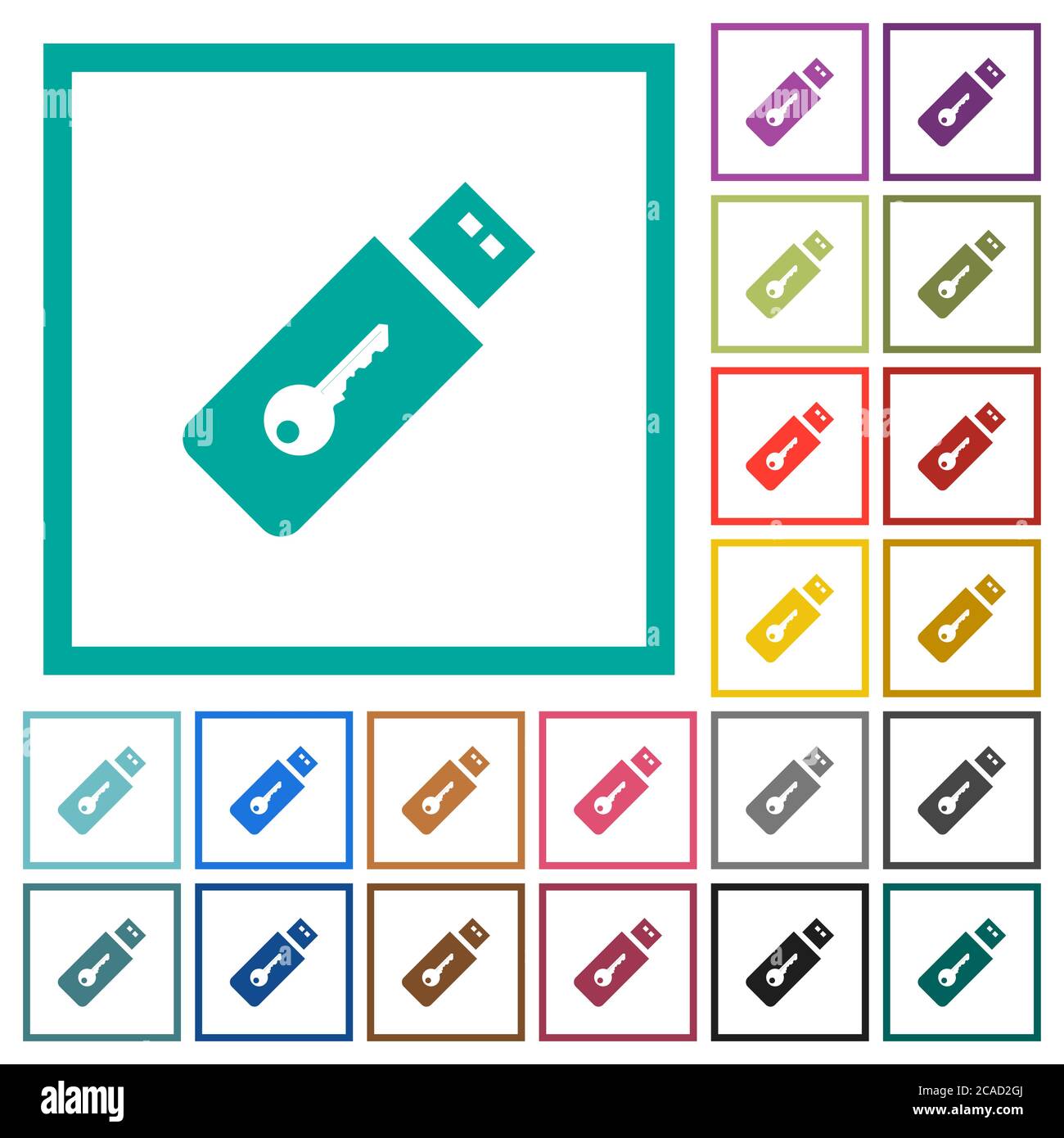 Hardware key flat color icons with quadrant frames on white background