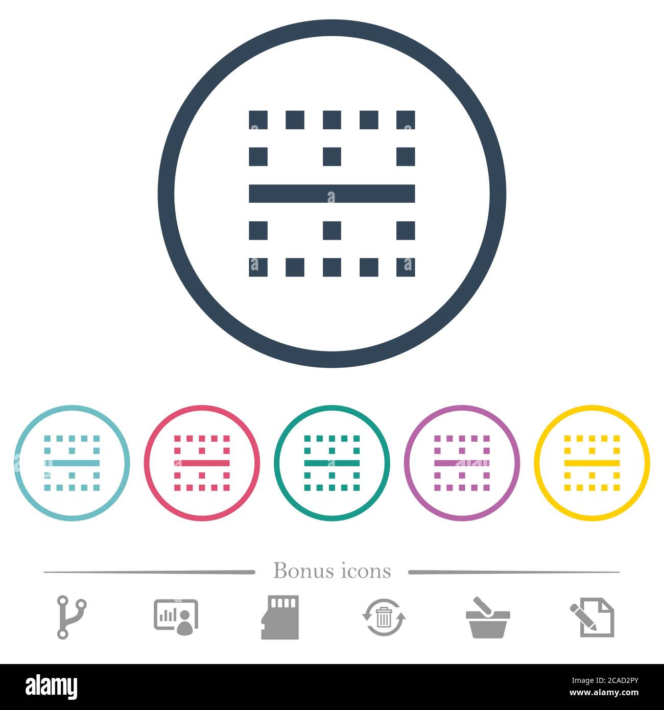 Horizontal border flat color icons in round outlines. 6 bonus icons ...