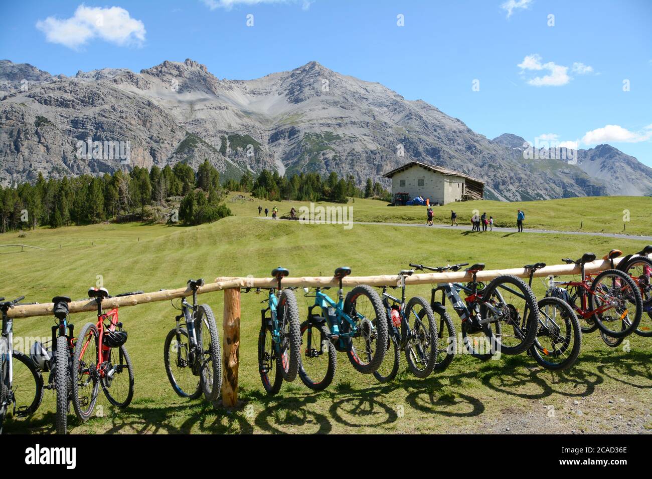 Mountain bike rack on the Alps of Lombardy in Italy in a summer trip from Bormio Stock Photo