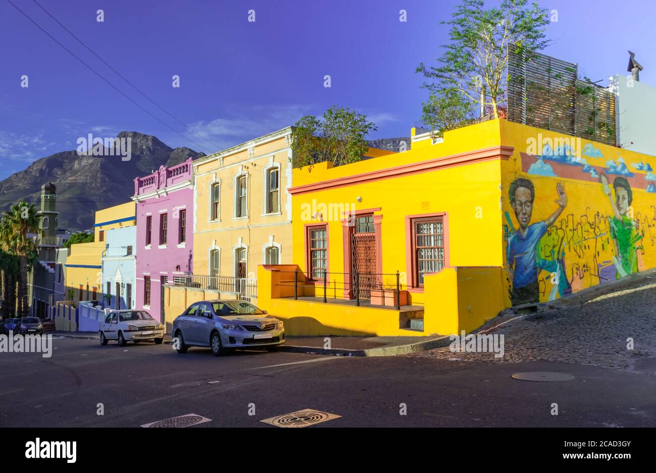Brightly coloured green mosque in the historic neighborhood of Bo-Kaap, Cape Town, South Africa Stock Photo