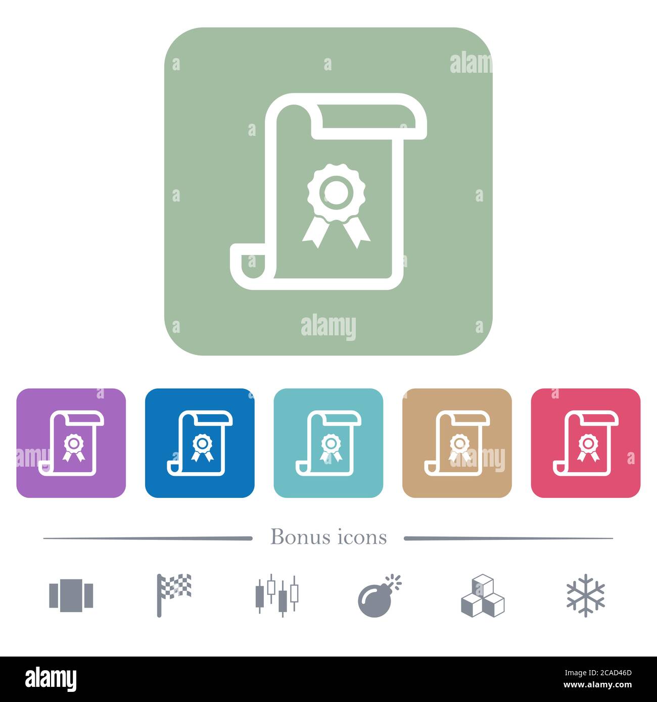 Scroll with certificate white flat icons on color rounded square ...