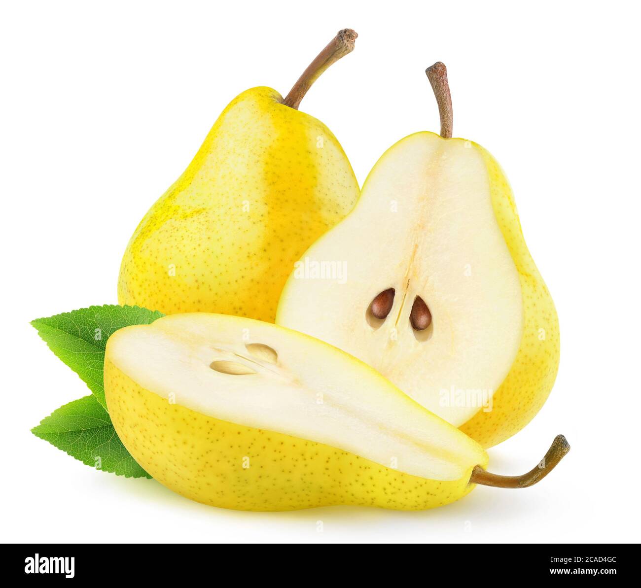 Isolated yellow pears. One whole pear fruit and one cut in half isolated on white background Stock Photo