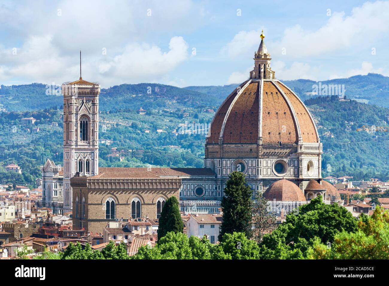 Florence skyline in Tuscany dominated by the striking Renaissance architecture of  the dome of the Duomo and Giotto's Campanile Stock Photo